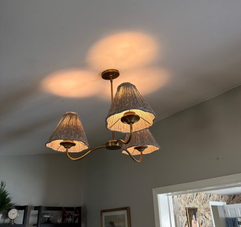 3 arm brass chandelier with pleated fabric shades fanwood — Spartan Home Pros, East Brunswick, NJ