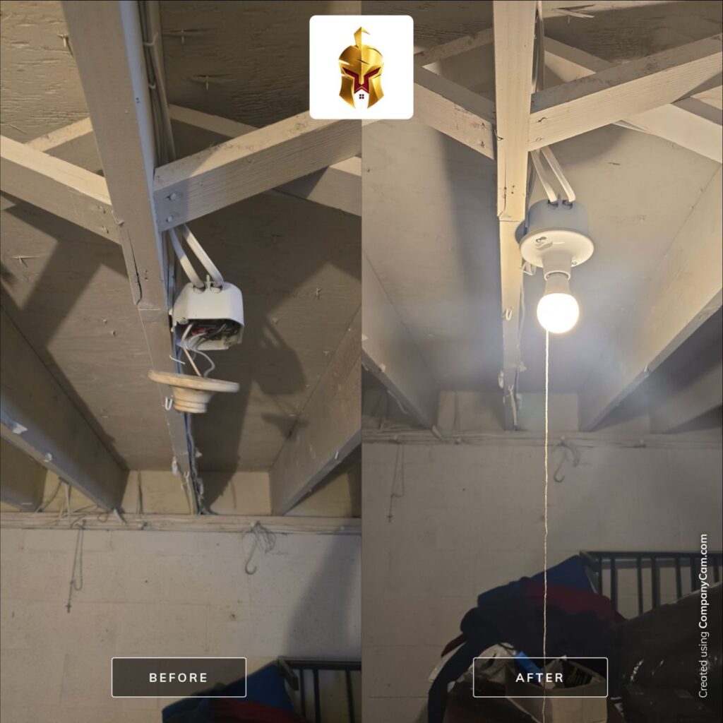Before and after — Attic Storage Pull Chain Light Fixture Repair and Replacement — Spartan Home Pros, Central New Jersey