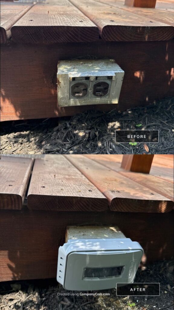 Before and after — Deck Outlet Upgrade Weatherproof GFCI Replacement — Spartan Home Pros, Springfield, NJ