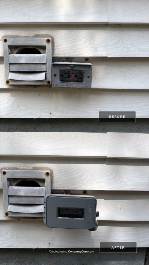 Before and after — Exterior GFCI outlet replacement with extra duty weatherproof cover new brunswick — Spartan Home Pros, Bedminster, NJ