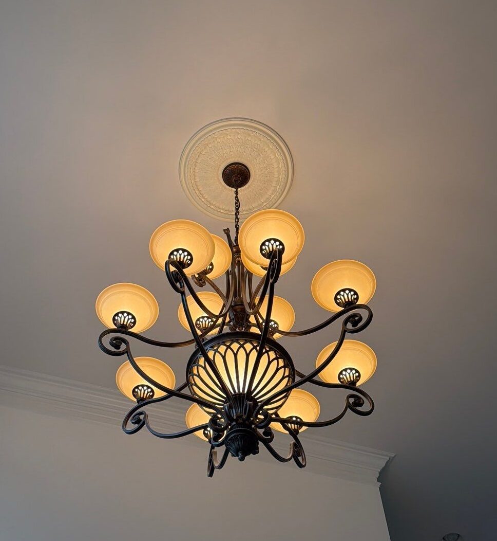 Large multi tier chandelier with a decorative medallion edited — Spartan Home Pros, Hillsborough, NJ