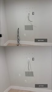 Outlet installation with clean wire cleanup behind a wall-mounted TV — Spartan Home Pros, serving Branchburg, NJ