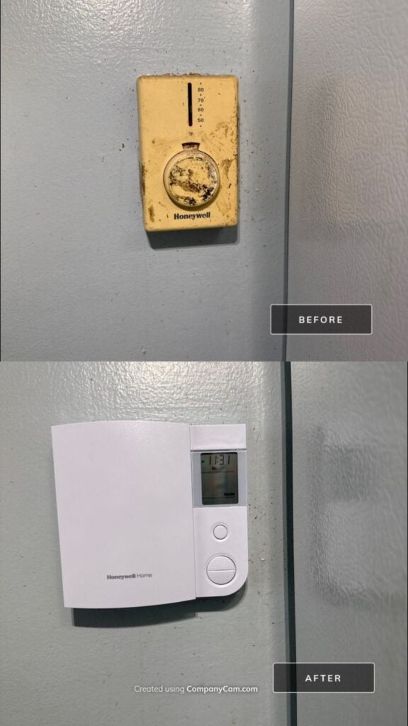 Thermostat upgrade for boiler heat, an old dial model next to the new digital one